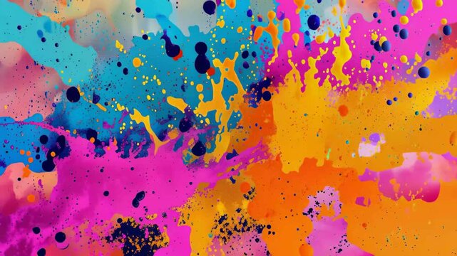 Colorful paint splashes create a vibrant display in an art studio during a creative session in the afternoon