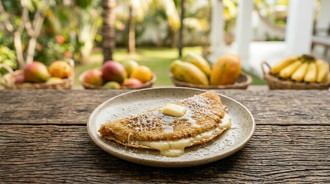 Brazilian Tapioca with Melted Cheese, Butter, and Coconut on a Rustic Wooden Table with Tropical Fruits Background