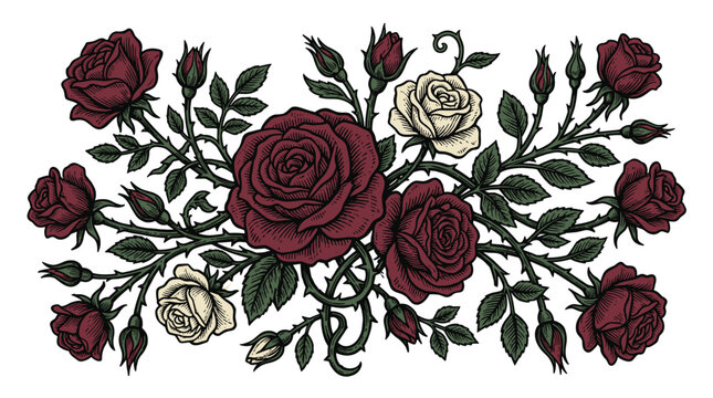 A symmetrical botanical arrangement of dark crimson and cream roses accented with sharp thorns and deep green leaves created in a bold, illustrative graphic style.
