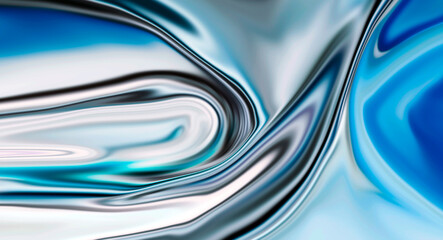 Shiny blue metallic liquid surface with flowing silver highlights showing dynamic chrome texture...