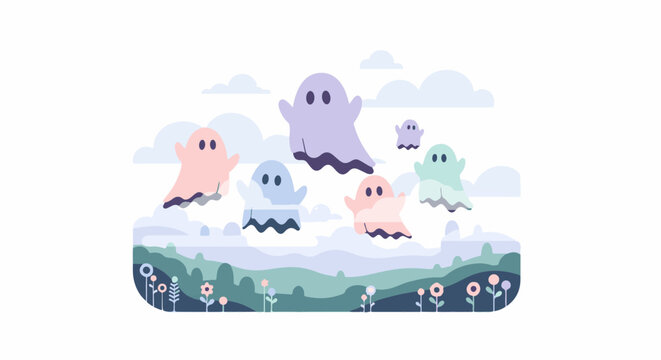 Cute, colorful cartoon ghosts float above a whimsical, layered landscape
