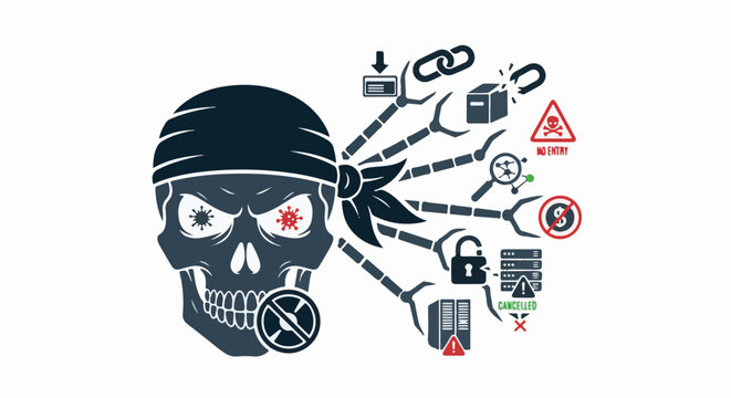 Cyber threat illustrated by a skull with mechanical arms and various danger icons