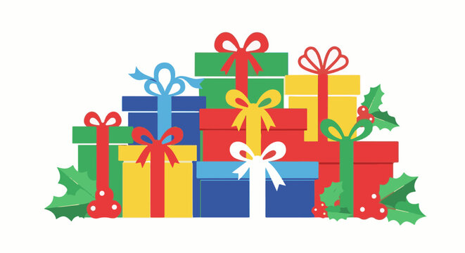 Colorful stacked holiday gift boxes with festive ribbons and holly
