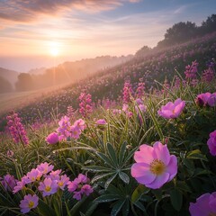 Obraz premium Beautiful pink wildflowers blooming on a misty hillside at sunrise.