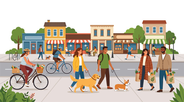 A lively urban street scene featuring diverse pedestrians walking dogs and cycling past quaint colorful retail storefronts on a bright sunny day outdoor city setting.