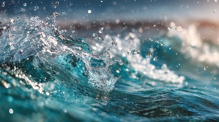 Fototapeta premium Dynamic Blue Ocean Wave Crashing with Sparkling Water Droplets and Sea Spray