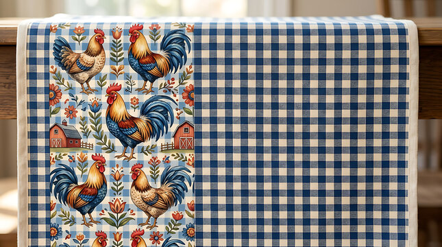 Rustic farmhouse table runner with blue gingham and rooster design