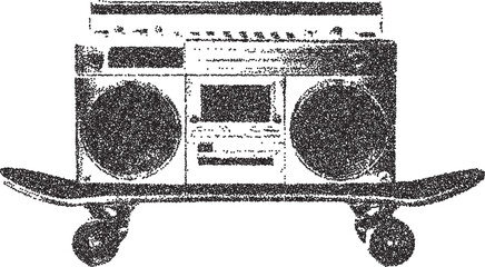 Boombox skateboard y2k brutalist stipple graphic, Retro music retro halftone vector transparent png isolated, Street culture 2000s photocopy grunge tattoo design © CozyNight