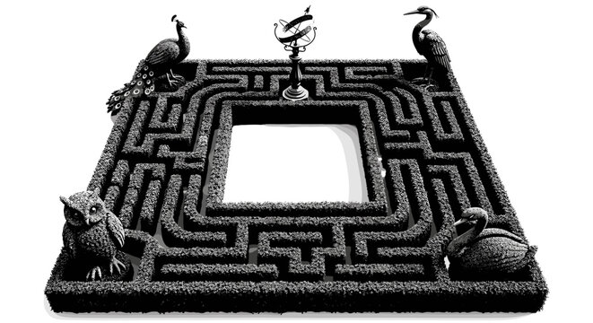 Miniature Maze Garden With Animal Statues and Armillary Sphere.