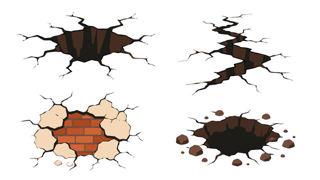 Set of cracked holes and wall damage in cartoon vector style