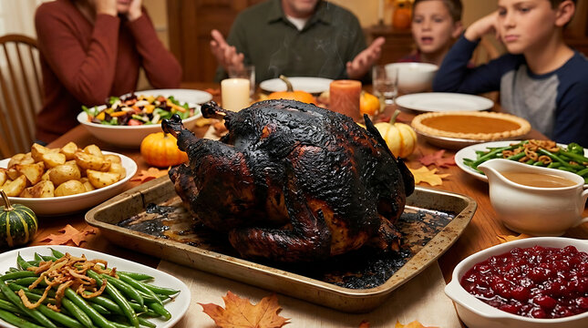 Overcooked Burnt Turkey Thanksgiving Dinner Disaster Featuring a Charred Blackened Roasted Poultry Fowl Representing an Autumn Meal Fail and Kitchen Catastrophe During Festive Celebration Holiday