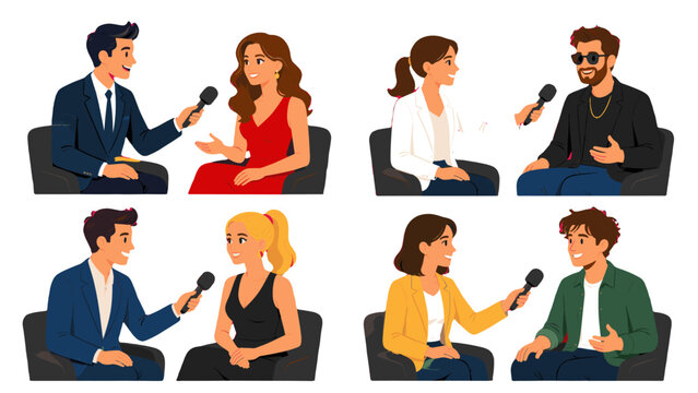 Vector set of talk show host interviewing seated guests