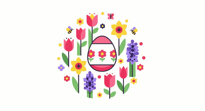 Festive egg surrounded by blooming spring flowers, buzzing bees, and delicate butterflies