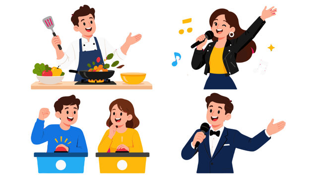 TV show scenes with cooking, singing, quiz and host characters