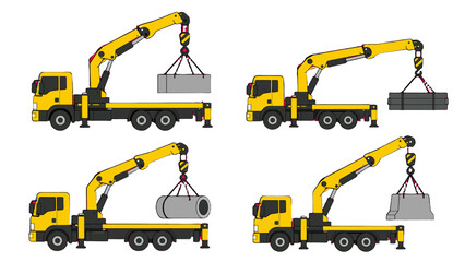 Yellow truck mounted crane lifting different heavy loads set © Andrei