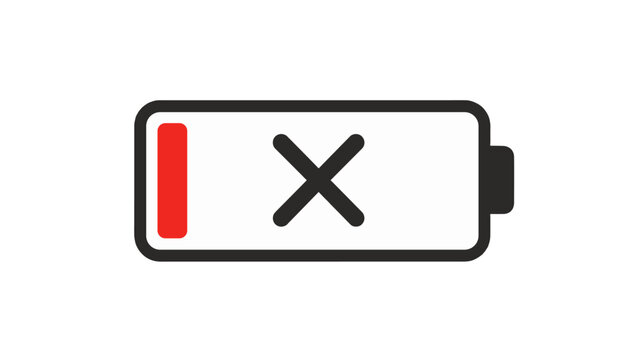 Minimal empty battery icon with cross mark on white background