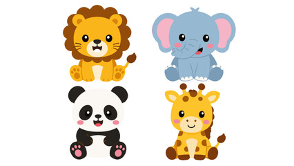 Cute sitting zoo animals cartoon set with lion elephant panda giraffe © Andrei