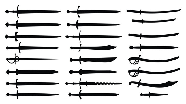An organized arrangement of various black sword silhouettes featuring straight blades, curved sabers, and pointed daggers displayed in a grid on a white background.