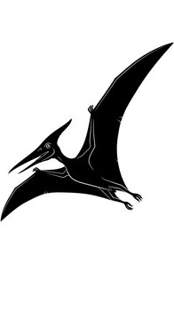 Black and white illustration of a flying pterodactyl dinosaur.