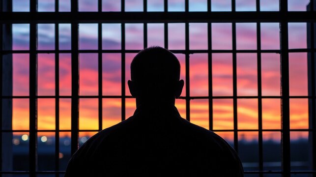 An inmate staring through a barred window at sunset contemplating life and time served in a jail term