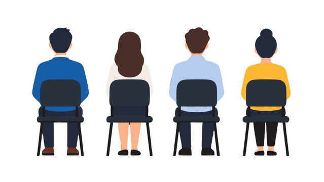 Back view of four seated people on chairs in flat vector style