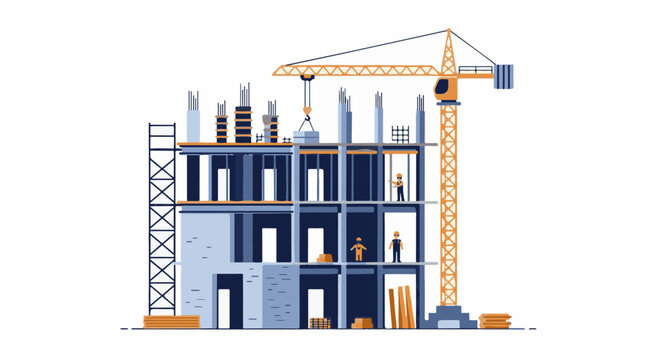 Construction site with crane, building framework, workers, and materials