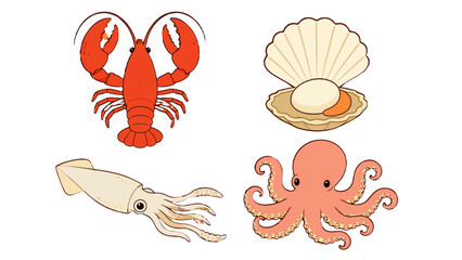 Hand drawn seafood set with lobster scallop squid and octopus © Andrei