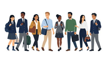 Fototapeta premium A diverse group of eight students in school uniforms carries various backpacks, handbags, and briefcases while standing in a row against a plain white background.
