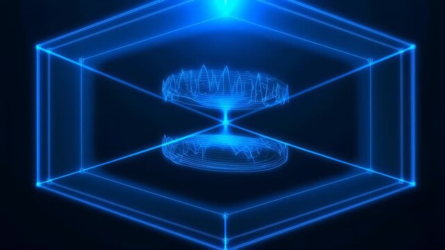 Hologram Quantum Error Correction Simulation Chamber in Glowing Blue Light with Rotating Data Holographic Grid and Abstract Circuits