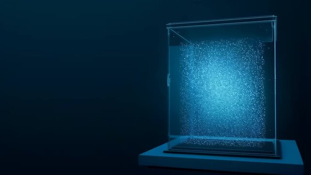 Glass Chamber with Glowing Particles Inside, Abstract Quantum Randomness Generation Device Concept on Dark Blue Background