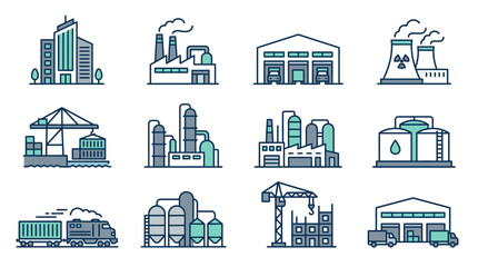 Industrial Buildings and Factory Icons. © Nam