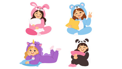 Obraz premium Cute children in animal pajamas holding pillows cartoon set