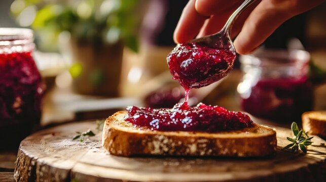 Boysenberry jam being spread on toast in a cozy farmhouse kitchen