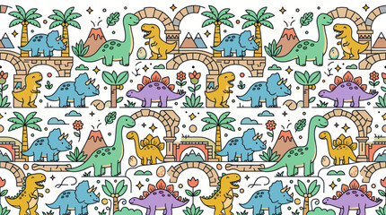 Cute Dinosaur Pattern Seamless Background, Cartoon Prehistoric Animals © Roni