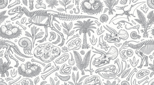 Dinosaur Skeleton Pattern: Fossil, Bones, Plants, and Eggs - Vintage Sketch Style