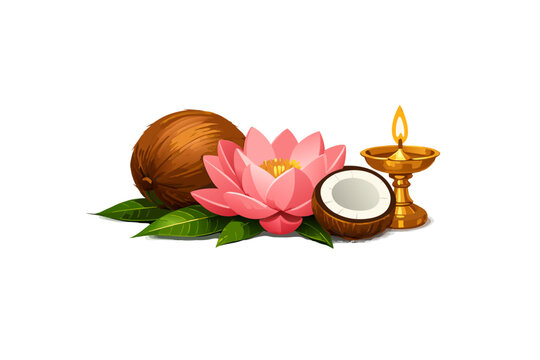 Pink lotus flower with coconut, green leaves and glowing golden oil lamp, 3D vector illustration isolated on transparent background for festival design