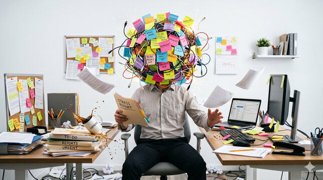 Stressed office worker with head exploding into colorful sticky notes and tangled wires, workplace burnout and information overload concept