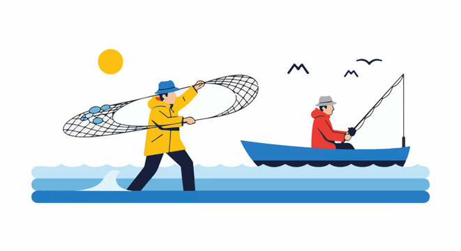 Fishermen at sea with net and rod, enjoying the ocean's bounty