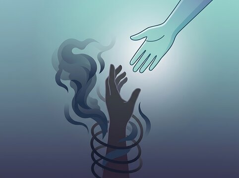 Hand reaching out to help person trapped in smoke and dark shadows vector illustration representing addiction recovery mental health support and finding hope through professional help