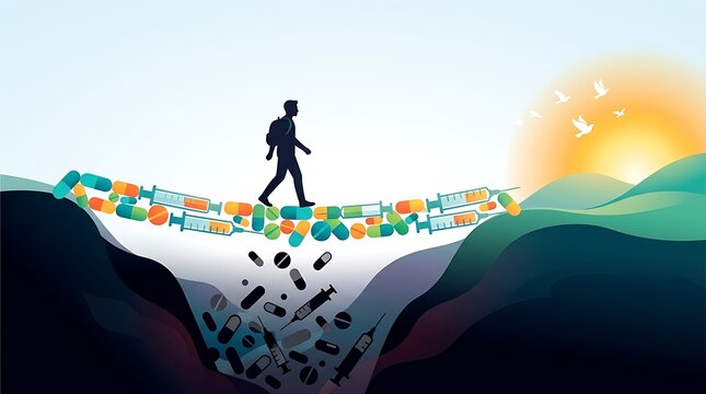 Silhouette of man walking across bridge made of pills and medical syringes toward sunrise representing path to drug addiction recovery and overcoming substance abuse and mental health crisis