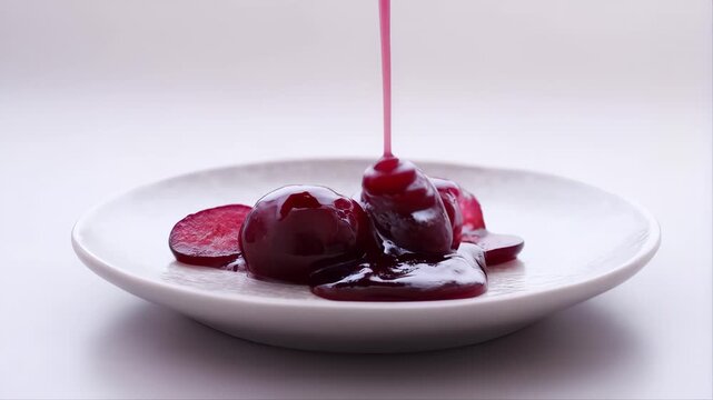 Plum Compote Being Poured Onto a White Plate with Sliced Plums Featuring Red Sauce, Food, Dessert with Sweet and Fruit Elements for Culinary, Cooking