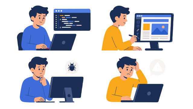 Programmer and web designer working on computer vector set