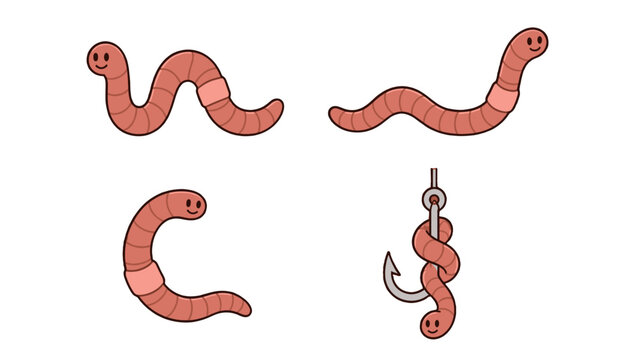 Cartoon earthworms in different poses with one worm on hook