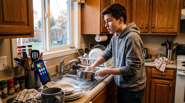 teen chore motivation, a teenager energetically races to finish dishes, driven by a timers urgency