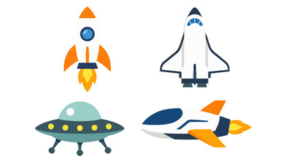 Set of cartoon rockets, shuttle and flying saucer vector icons © Andrei