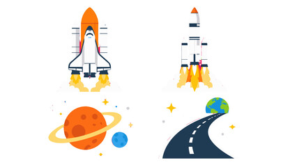 Set of space shuttle, rocket, planet and road vector icons © Andrei