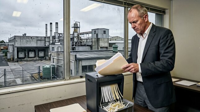 corporate secrecy, a stark industrial factory looms under a cloudy sky, embodying corporate secrecy