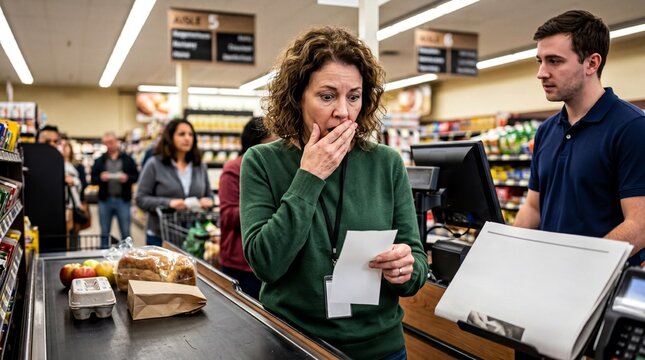 grocery shopping stress, a shocked customer stares at a grocery receipt totaling for just a few items