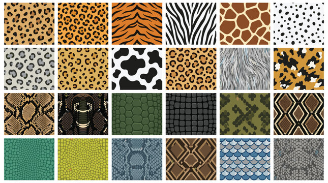 A detailed collage showcasing a comprehensive variety of wild animal skin patterns and fur textures arranged in a structured grid on a clean white background.