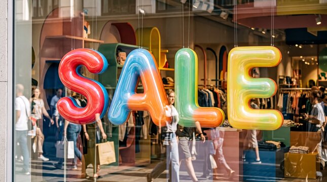 retail window display, colorful bubble letters spelling sale reflect busy shoppers in a store